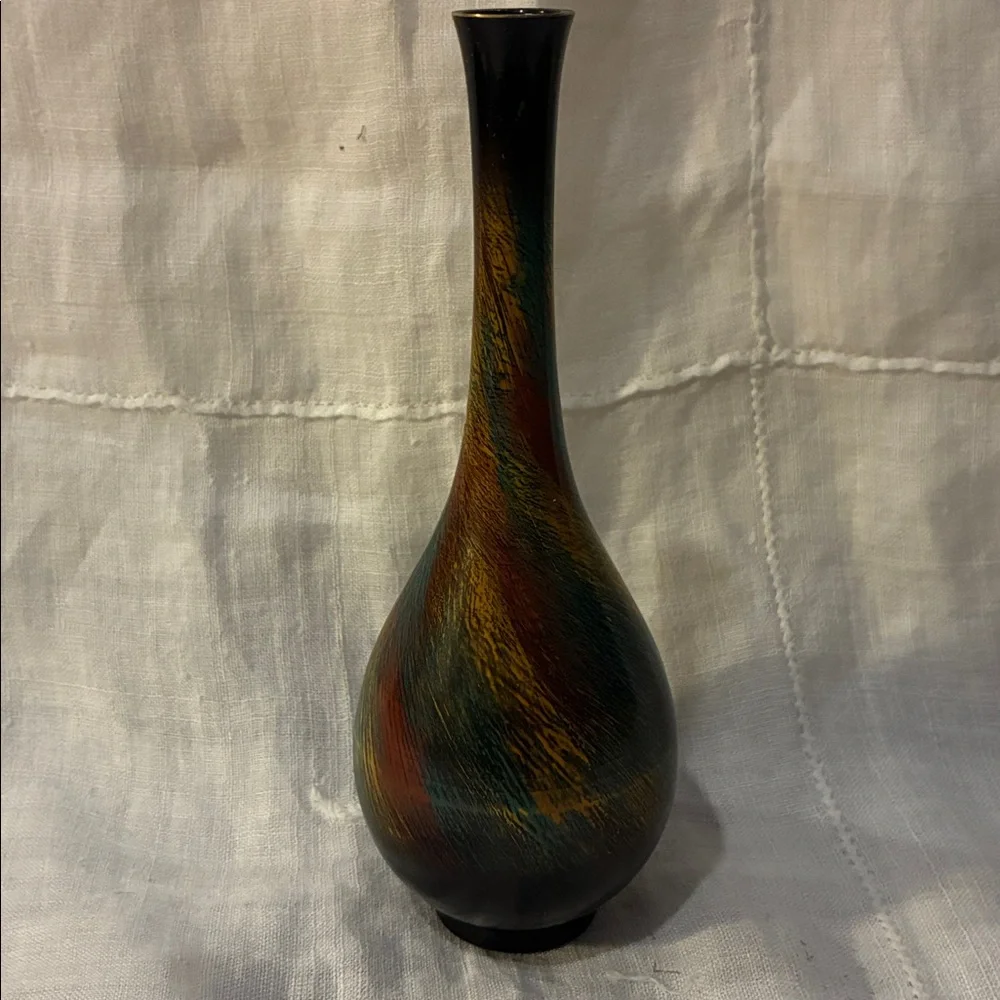 Toyo Vase W/ Original Sticker 7” Multicolor Ceramic Vase Metal Multicolor